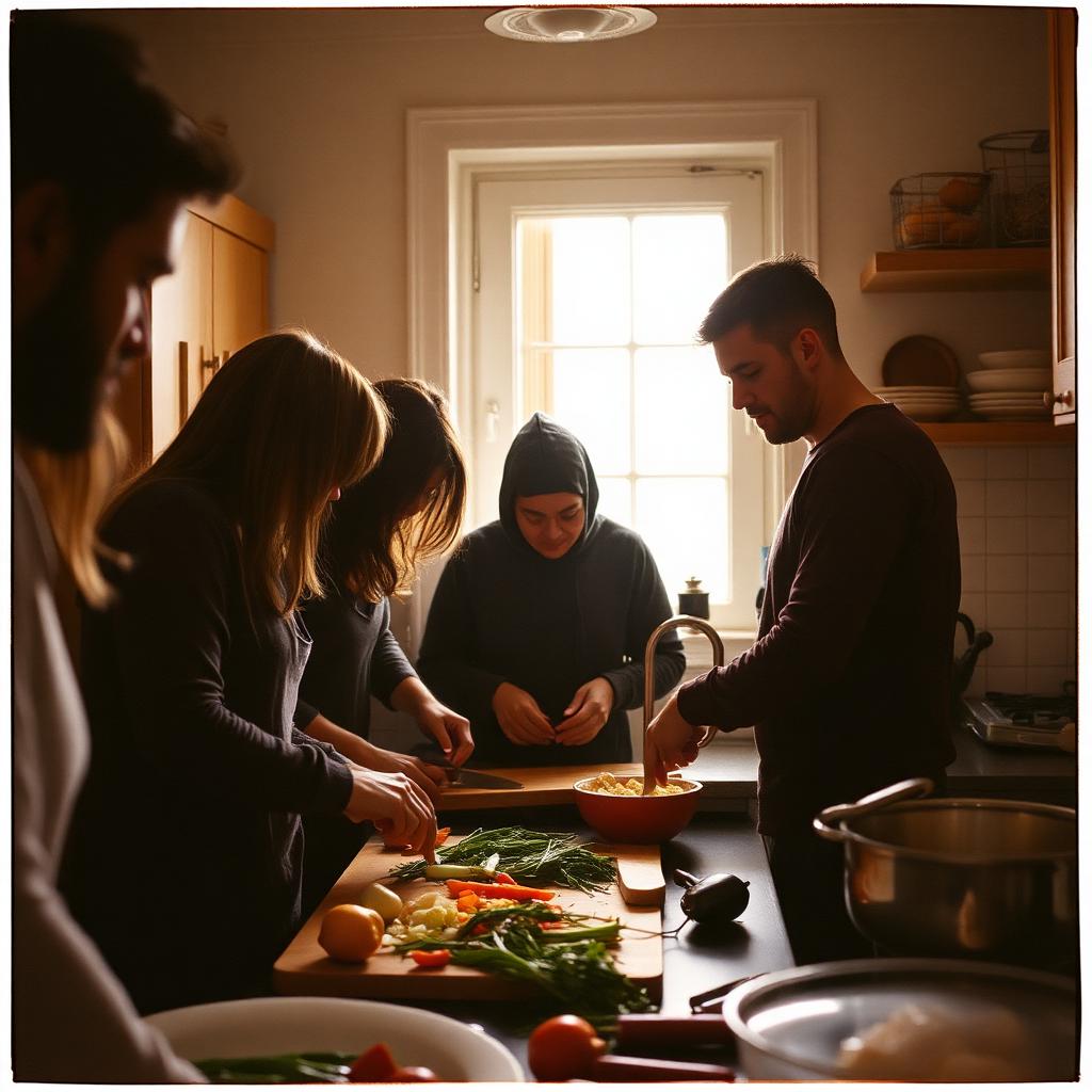 Residents cooking together in the shared kitchen