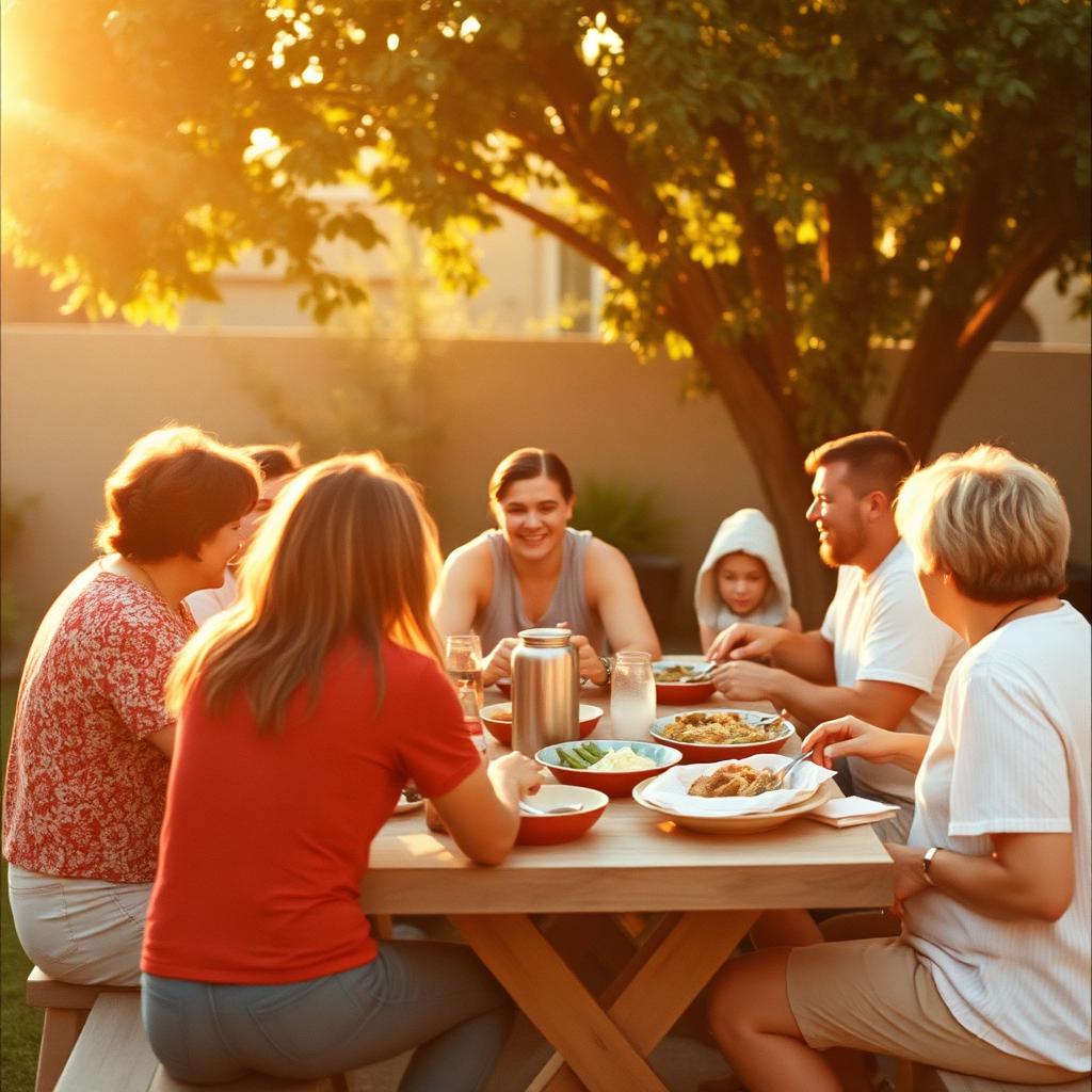 Residents sharing a backyard meal at golden hour