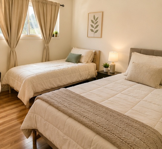 Semi-private bedroom with two beds, neutral bedding, and framed botanical print at a Lumen Collective sober living home