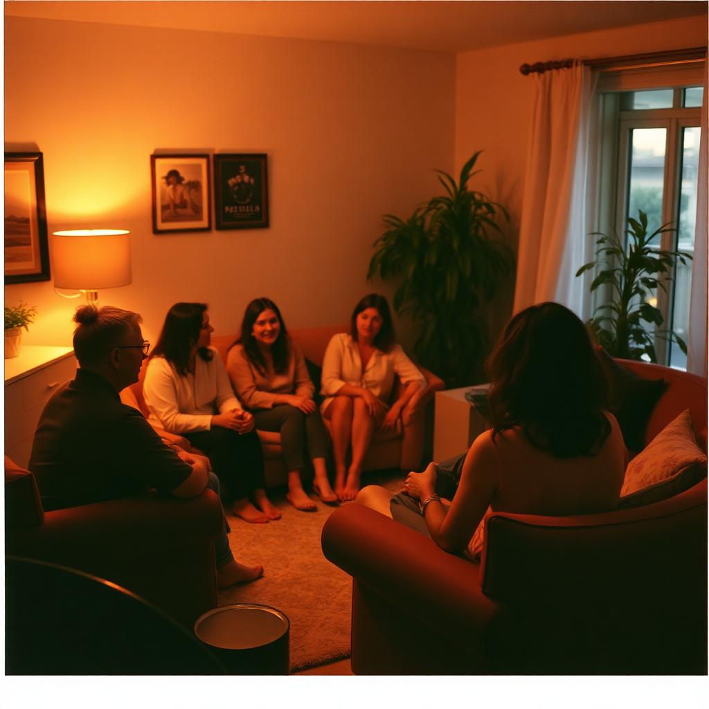 A group in a warm living room having an evening discussion