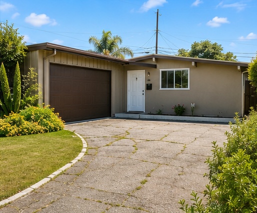 Exterior of Encino House (Lumen House) — a warm single-story California home with a landscaped front yard in Encino, Los Angeles