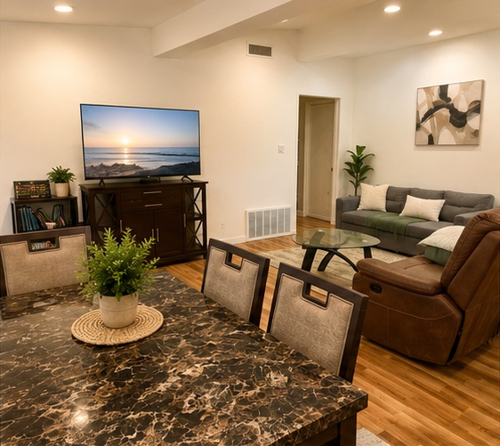 Residents' shared living room set up for community — a sofa, dining table, and open kitchen at a Lumen Collective sober living house