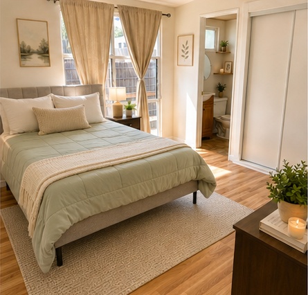 Quiet, sunlit bedroom with a queen bed and plants — a private space for reflection at a Lumen Collective home