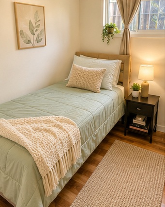Quiet single bedroom set up for reading and reflection at a Lumen Collective sober living home