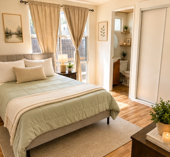 Calm bedroom with soft green bedding, curtained windows, and hardwood floors at a Lumen Collective sober living residence