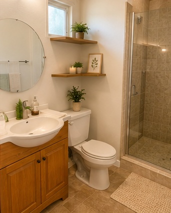 Clean, well-kept shared bathroom with a round mirror, wooden vanity, walk-in shower, and plants at a Lumen Collective residence