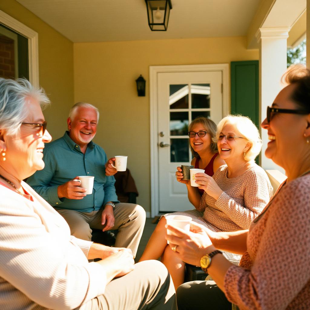 Residents laughing together on a sunlit front porch with coffee